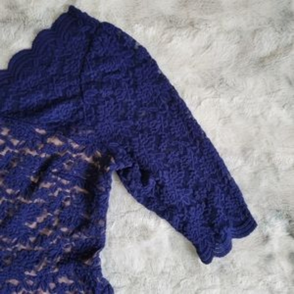 NWOT Dress Barn Blue 3/4 Sleeve Lined Lace Overlay Scalloped Blue Nude Dress 14 - Picture 4 of 10